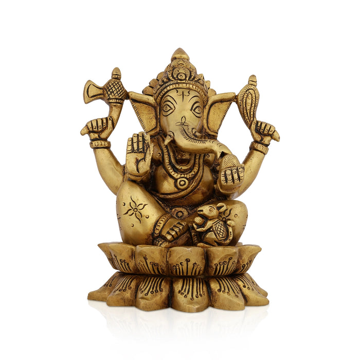 Ganesha Sitting On Lotus Base Murti - 6 x 5 Inches | Antique Brass Idol / Vinayagar Statue For Pooja