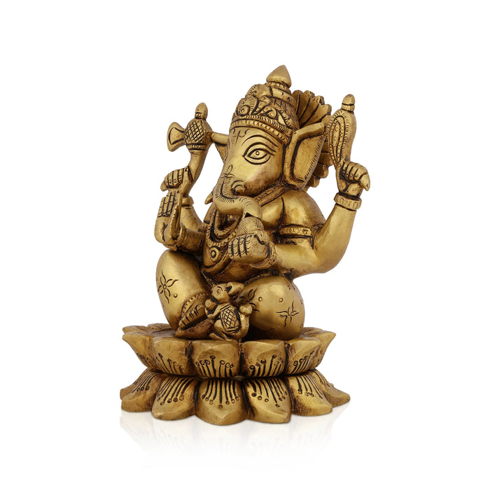 Ganesha Sitting On Lotus Base Murti - 6 x 5 Inches | Antique Brass Idol / Vinayagar Statue For Pooja