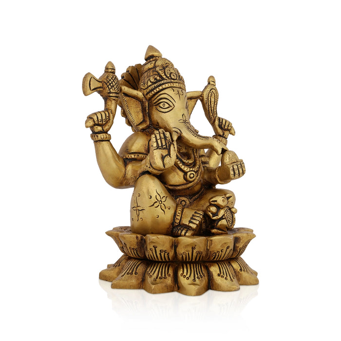 Ganesha Sitting On Lotus Base Murti - 6 x 5 Inches | Antique Brass Idol / Vinayagar Statue For Pooja