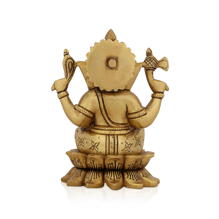 Ganesha Sitting On Lotus Base Murti - 6 x 5 Inches | Antique Brass Idol / Vinayagar Statue For Pooja