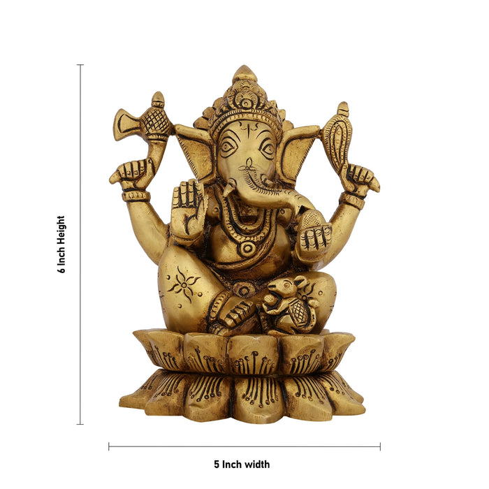 Ganesha Sitting On Lotus Base Murti - 6 x 5 Inches | Antique Brass Idol / Vinayagar Statue For Pooja