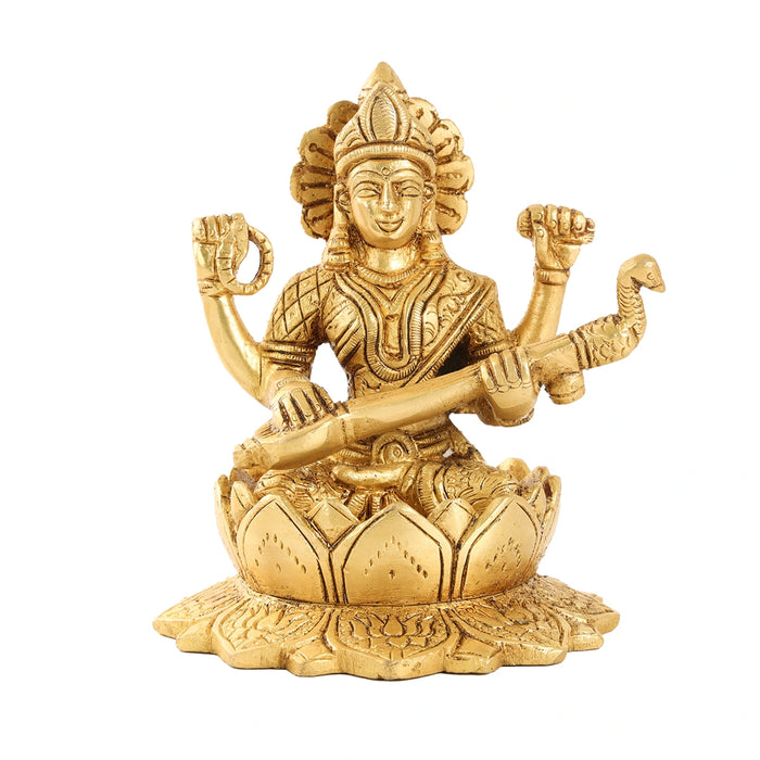 Saraswati Murti Sitting On Lotus - 5.5 x 4 Inches | Antique Brass Idol/ Saraswati Idol for Pooja/ 1.290 Kgs Approx - Brass Murties