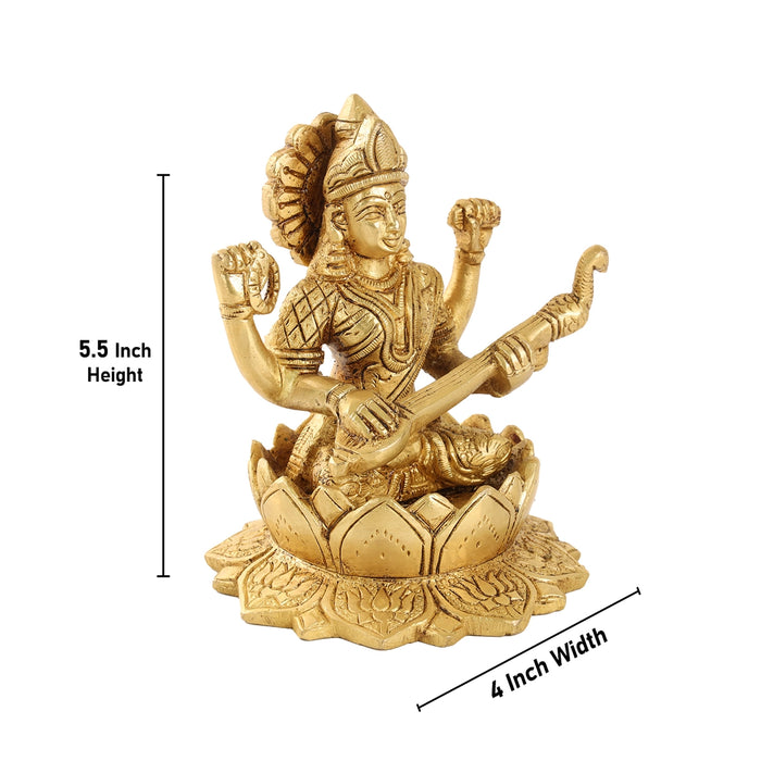 Saraswati Murti Sitting On Lotus - 5.5 x 4 Inches | Antique Brass Idol/ Saraswati Idol for Pooja/ 1.290 Kgs Approx - Brass Murties