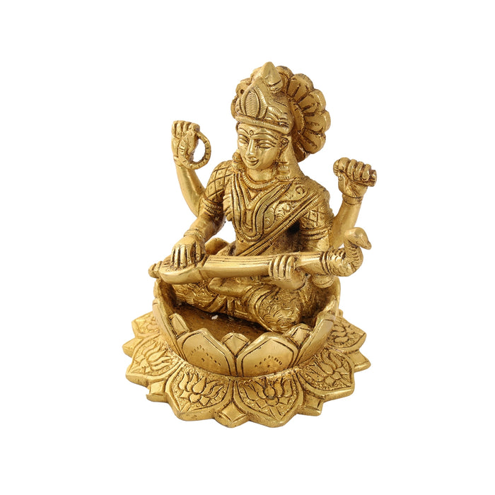 Saraswati Murti Sitting On Lotus - 5.5 x 4 Inches | Antique Brass Idol/ Saraswati Idol for Pooja/ 1.290 Kgs Approx - Brass Murties