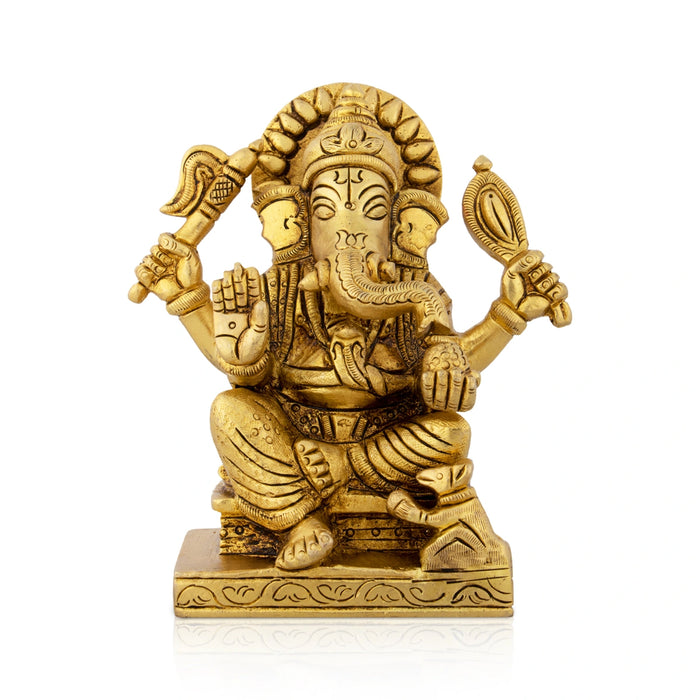 Ganesh Murti Sitting On Chowki - 4.75 x 4 Inches | Antique Brass Idol/ Ganpati Murti/ Vinayaka Statue for Pooja