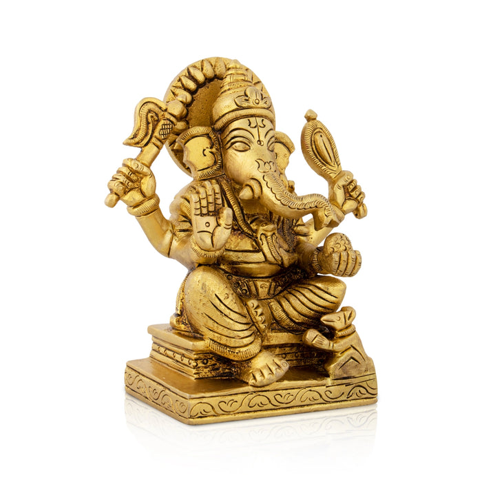 Ganesh Murti Sitting On Chowki - 4.75 x 4 Inches | Antique Brass Idol/ Ganpati Murti/ Vinayaka Statue for Pooja