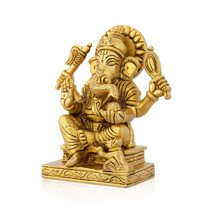 Ganesh Murti Sitting On Chowki - 4.75 x 4 Inches | Antique Brass Idol/ Ganpati Murti/ Vinayaka Statue for Pooja