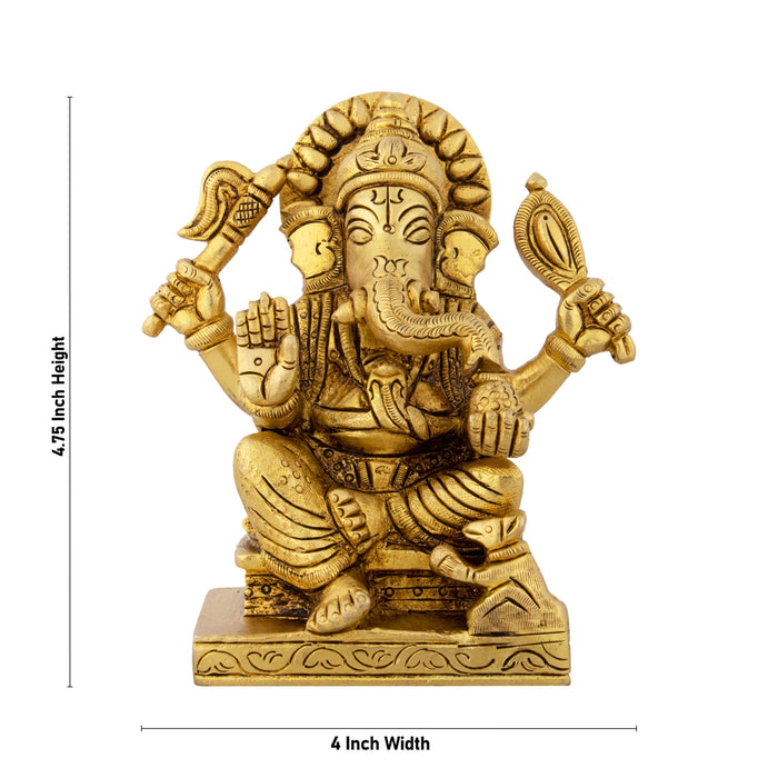 Ganesh Murti Sitting On Chowki - 4.75 x 4 Inches | Antique Brass Idol/ Ganpati Murti/ Vinayaka Statue for Pooja