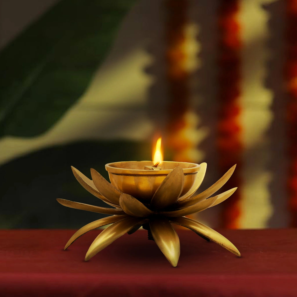 Brass Lotus Diya - 3 x 5 Inches | Vilakku/ Lamp/ Deepam for Pooja/ 920 Gms Approx