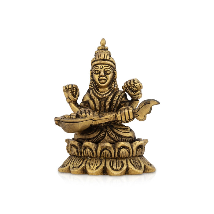 Saraswati Sitting On Lotus Base Murti - 2 x 2.25 Inches | Antique Brass Idol / Saraswathi Statue For Pooja
