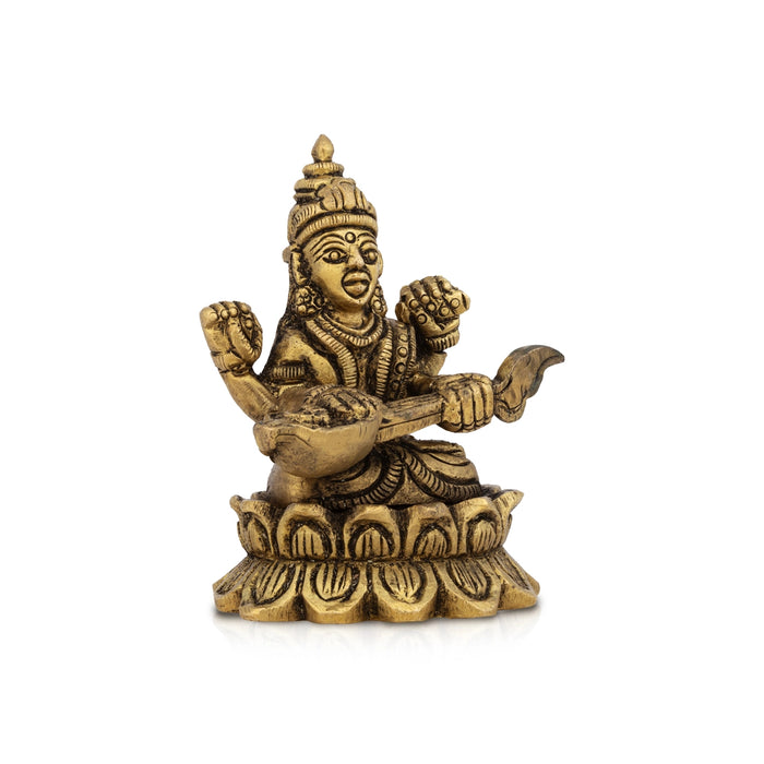 Saraswati Sitting On Lotus Base Murti - 2 x 2.25 Inches | Antique Brass Idol / Saraswathi Statue For Pooja