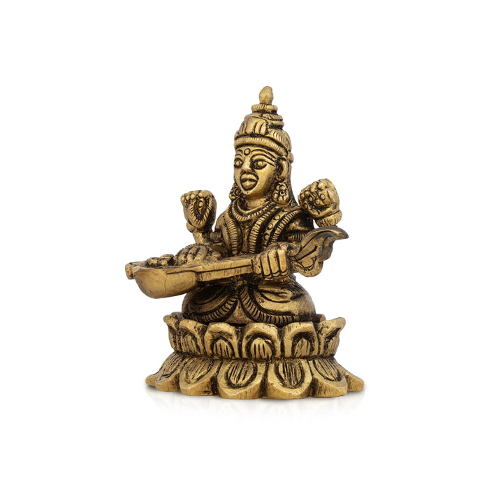 Saraswati Sitting On Lotus Base Murti - 2 x 2.25 Inches | Antique Brass Idol / Saraswathi Statue For Pooja