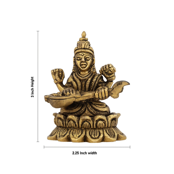 Saraswati Sitting On Lotus Base Murti - 2 x 2.25 Inches | Antique Brass Idol / Saraswathi Statue For Pooja
