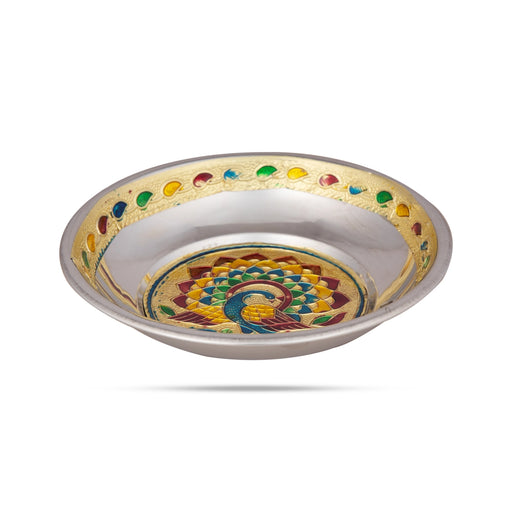 Pooja Plate - 1.5 x 5.5 Inches | Meenakari Design Thali Plate/ German Silver Plate for Home/ 40 Gms Approx - Pooja Plate & Tray