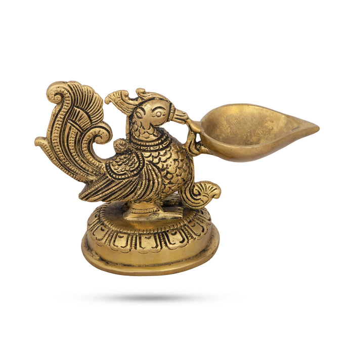 Mor Deepak - 4 x 6 Inches | Annapakshi Design Vilakku/ Antique Brass Lamp for Pooja/ 630 Gms Approx