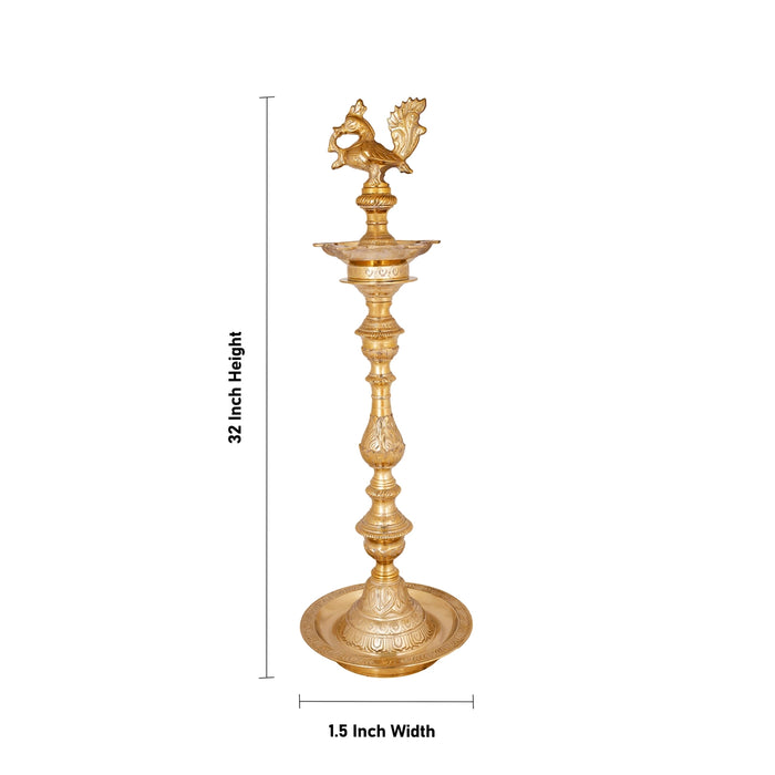 Brass Kuthu Vilakku - 32 x 1.5 Inches | Annapakshi Nagas Kuthu Vilakku / Deepam for Pooja - Decorative Lamp