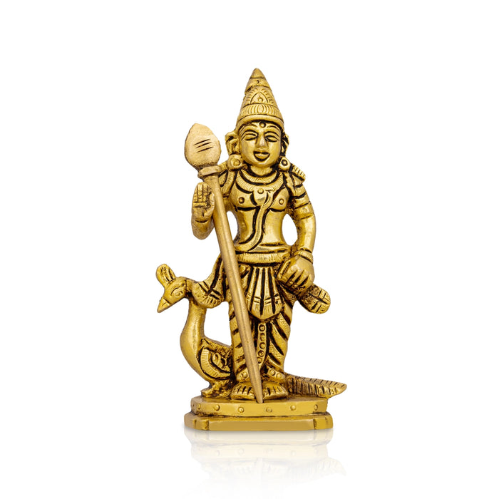 Peacock Murugan Standing On Base Murti - 4.5 x 2.5 Inches | Brass Idol / Kathirvelan Statue For Home& Pooja - Brass Murties