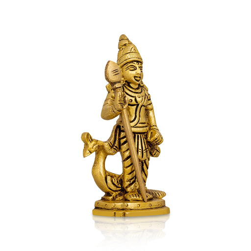 Peacock Murugan Standing On Base Murti - 4.5 x 2.5 Inches | Brass Idol / Kathirvelan Statue For Home& Pooja - Brass Murties