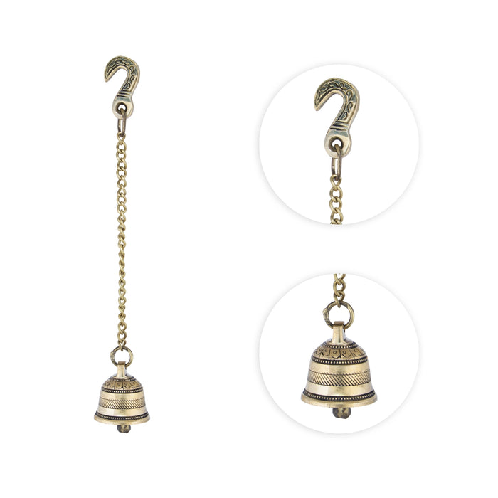 Brass Bell - 4 x 3.5 Inches | Antique Brass Bell Hanging/ Hanging Bell with Chain for Mandir/ 875 Gms Approx - Pooja Bells