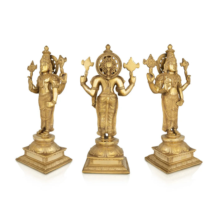 Perumal Sridevi Bhudevi Murti - 19 x 9 Inches |Antique Brass Idol/ Perumal with Sridevi Bhudevi Statue For Pooja - Brass Murties