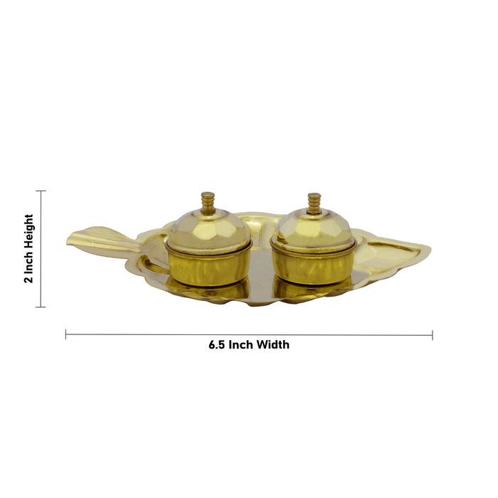 Brass Plate With 2 Kumkum Bharani - 2 x 6.5 Inches | Kumkum Box/ Sindoor Pot for Pooja - Sindoor Box