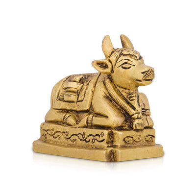 Nandi Statue with Base - 2.5 x 2.5 Inches | Antique Brass Statue/ Nandi Murti for Pooja/ 300 Gms Approx