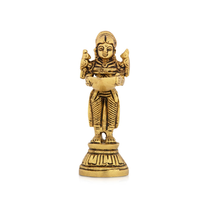 Standing Lady Deepam - 4 x 1.5 Inches | Antique Brass Vilakku/ Brass Lamp for Pooja/ 240 Gms Approx