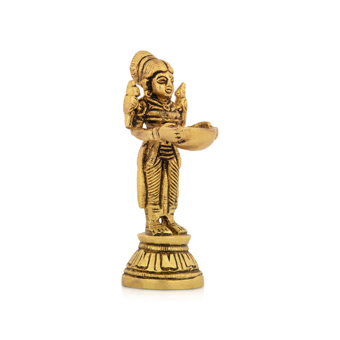 Standing Lady Deepam - 4 x 1.5 Inches | Antique Brass Vilakku/ Brass Lamp for Pooja/ 240 Gms Approx