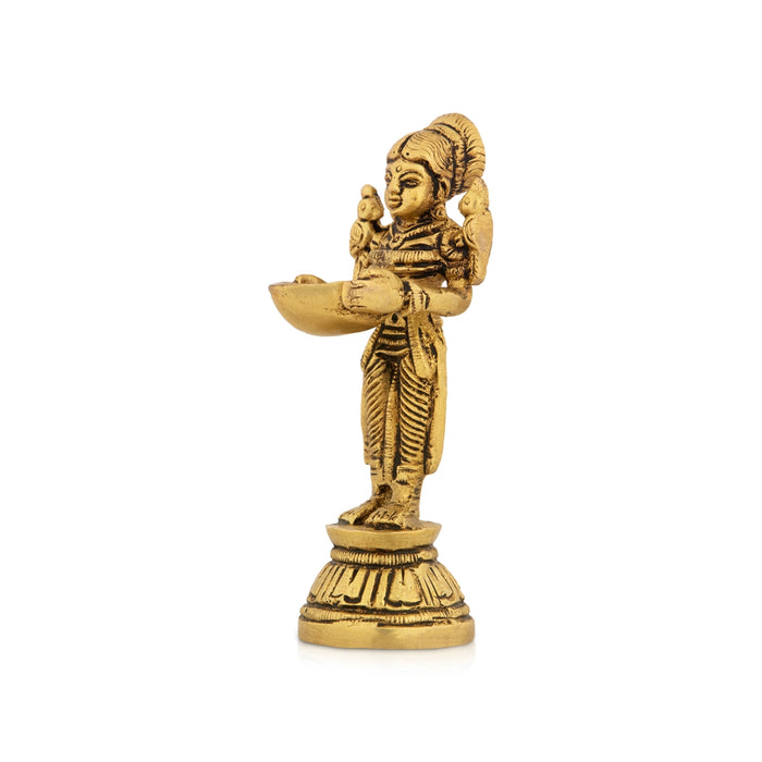 Standing Lady Deepam - 4 x 1.5 Inches | Antique Brass Vilakku/ Brass Lamp for Pooja/ 240 Gms Approx