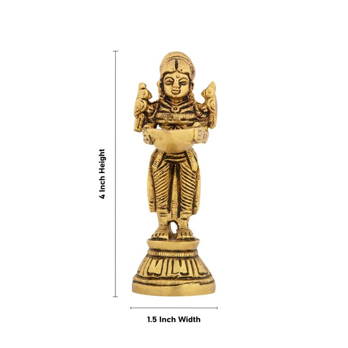 Standing Lady Deepam - 4 x 1.5 Inches | Antique Brass Vilakku/ Brass Lamp for Pooja/ 240 Gms Approx