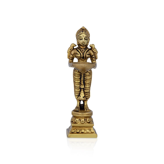 Lady Holding With Brass Lamp - 4 x 1 Inches | Brass Deepam/ Antique Polish Standing Deep Lady for Home - Paavai Vilakku / Lady With A Lamp