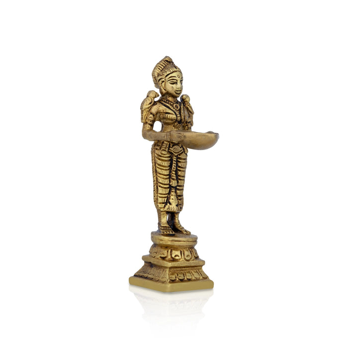 Lady Holding With Brass Lamp - 4 x 1 Inches | Brass Deepam/ Antique Polish Standing Deep Lady for Home - Paavai Vilakku / Lady With A Lamp