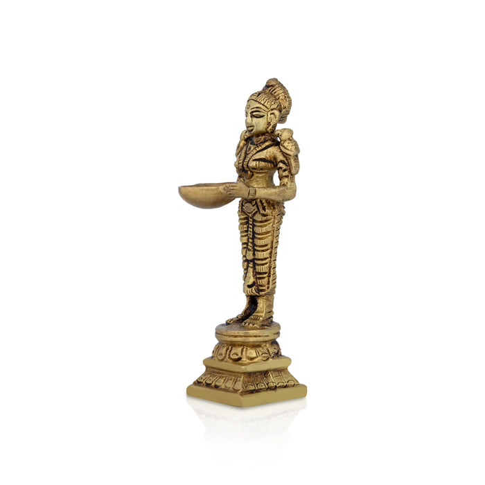 Lady Holding With Brass Lamp - 4 x 1 Inches | Brass Deepam/ Antique Polish Standing Deep Lady for Home - Paavai Vilakku / Lady With A Lamp