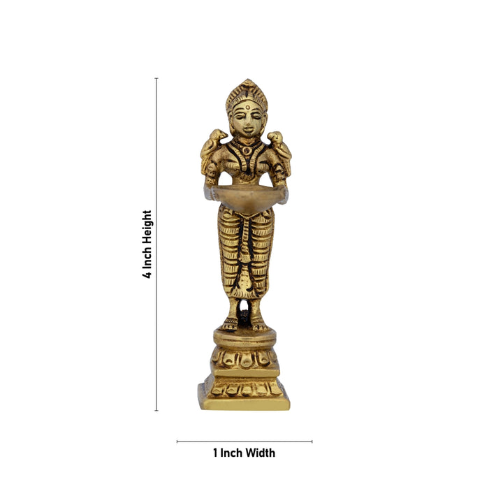 Lady Holding With Brass Lamp - 4 x 1 Inches | Brass Deepam/ Antique Polish Standing Deep Lady for Home - Paavai Vilakku / Lady With A Lamp