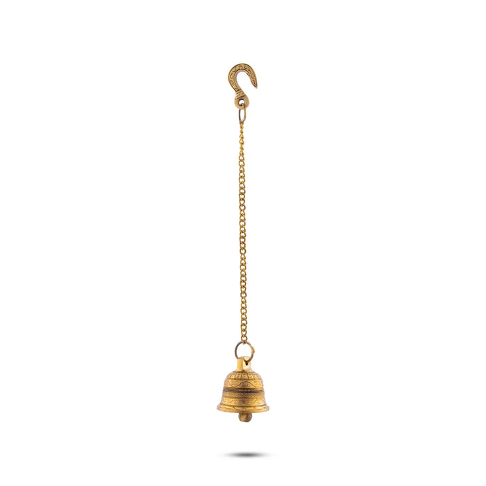 Pooja Hanging Bell with Chain - 17.5 Inches | Antique Brass Bell/ Hanging Bells for Mandir/ 330 Gms Approx - Pooja Bells