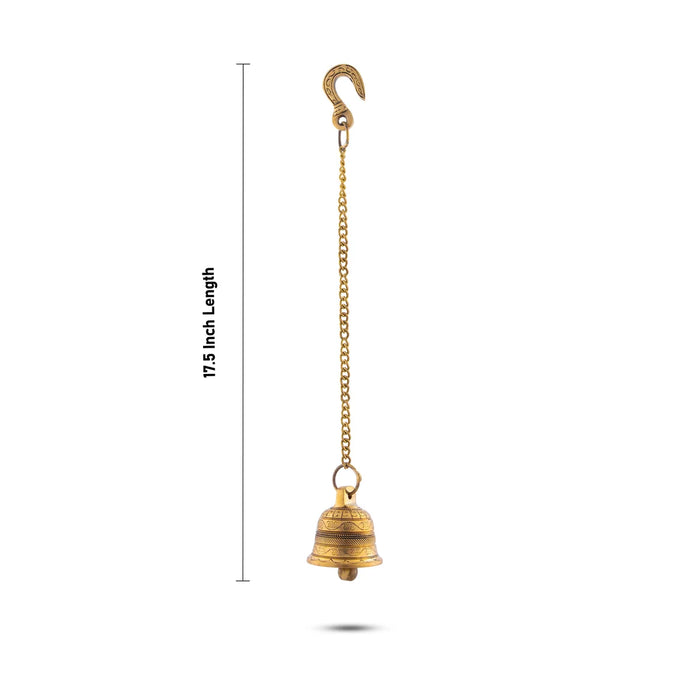 Pooja Hanging Bell with Chain - 17.5 Inches | Antique Brass Bell/ Hanging Bells for Mandir/ 330 Gms Approx - Pooja Bells