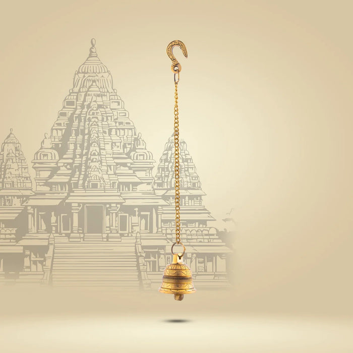 Pooja Hanging Bell with Chain - 17.5 Inches | Antique Brass Bell/ Hanging Bells for Mandir/ 330 Gms Approx