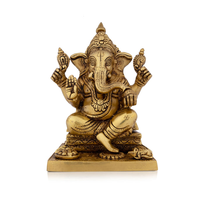 Ganesh Murti Sitting On Simhasan - 8.5 x 6 Inches | Antique Brass Idol/ Ganapati Idol for Pooja/ 3.500 Kgs Approx - Brass Murties
