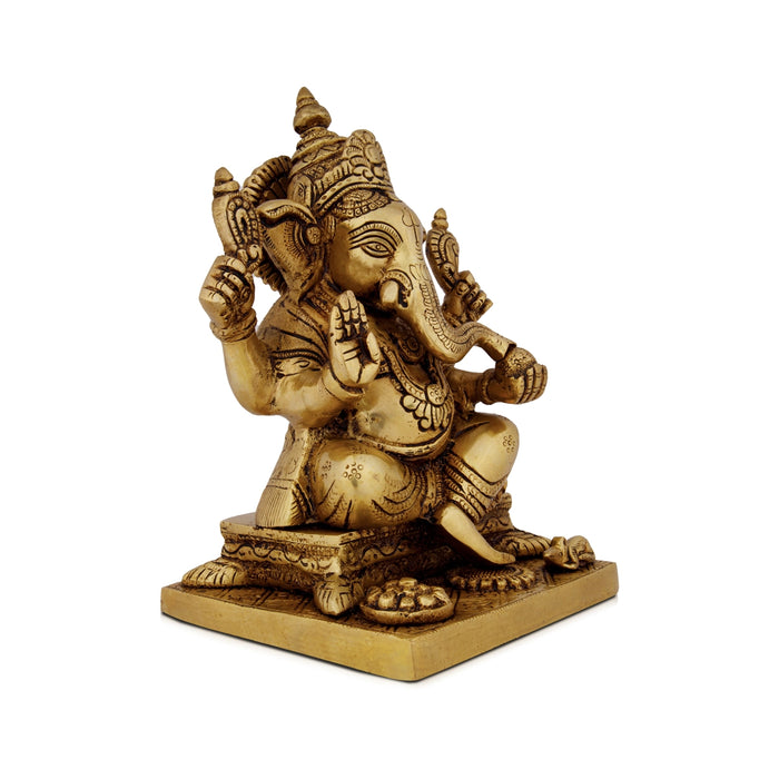 Ganesh Murti Sitting On Simhasan - 8.5 x 6 Inches | Antique Brass Idol/ Ganapati Idol for Pooja/ 3.500 Kgs Approx - Brass Murties