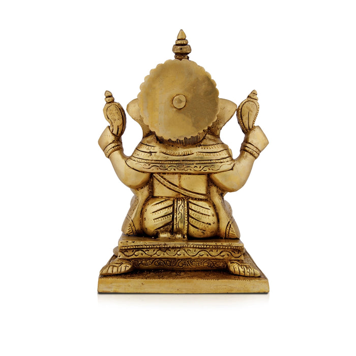 Ganesh Murti Sitting On Simhasan - 8.5 x 6 Inches | Antique Brass Idol/ Ganapati Idol for Pooja/ 3.500 Kgs Approx - Brass Murties