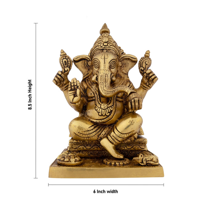 Ganesh Murti Sitting On Simhasan - 8.5 x 6 Inches | Antique Brass Idol/ Ganapati Idol for Pooja/ 3.500 Kgs Approx - Brass Murties