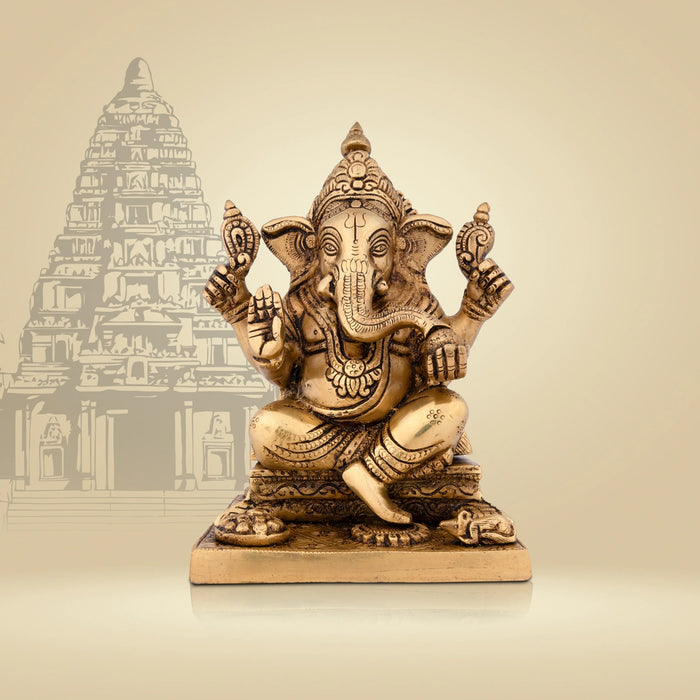 Ganesh Murti Sitting On Simhasan - 8.5 x 6 Inches | Antique Brass Idol/ Ganapati Idol for Pooja/ 3.500 Kgs Approx - Brass Murties
