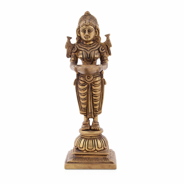 Standing Lady Deepam - 8 x 2.25 Inches | Antique Brass Vilakku/ Brass Lamp for Pooja/ 1.105 Kgs Approx