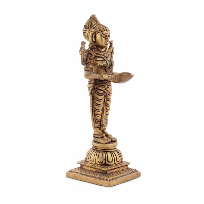 Standing Lady Deepam - 8 x 2.25 Inches | Antique Brass Vilakku/ Brass Lamp for Pooja/ 1.105 Kgs Approx