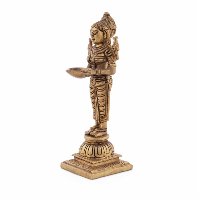 Standing Lady Deepam - 8 x 2.25 Inches | Antique Brass Vilakku/ Brass Lamp for Pooja/ 1.105 Kgs Approx