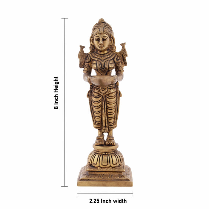 Standing Lady Deepam - 8 x 2.25 Inches | Antique Brass Vilakku/ Brass Lamp for Pooja/ 1.105 Kgs Approx