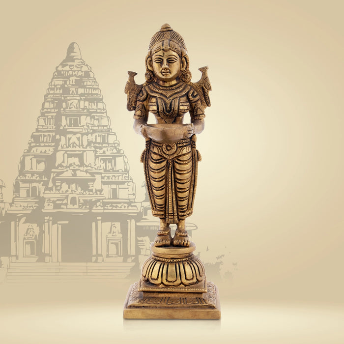 Standing Lady Deepam - 8 x 2.25 Inches | Antique Brass Vilakku/ Brass Lamp for Pooja/ 1.105 Kgs Approx