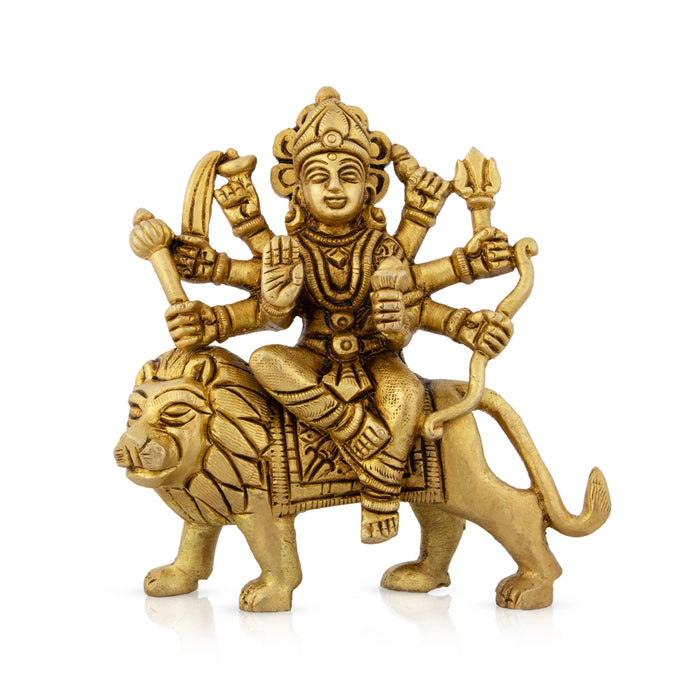 Durga Idol Sitting On Lion - 4.5 x 4 Inches | Antique Brass Idol/ Durga Murti With Eight Hands for Pooja - Brass Murties