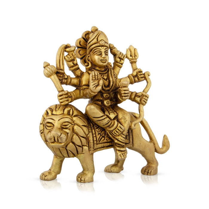 Durga Idol Sitting On Lion - 4.5 x 4 Inches | Antique Brass Idol/ Durga Murti With Eight Hands for Pooja - Brass Murties