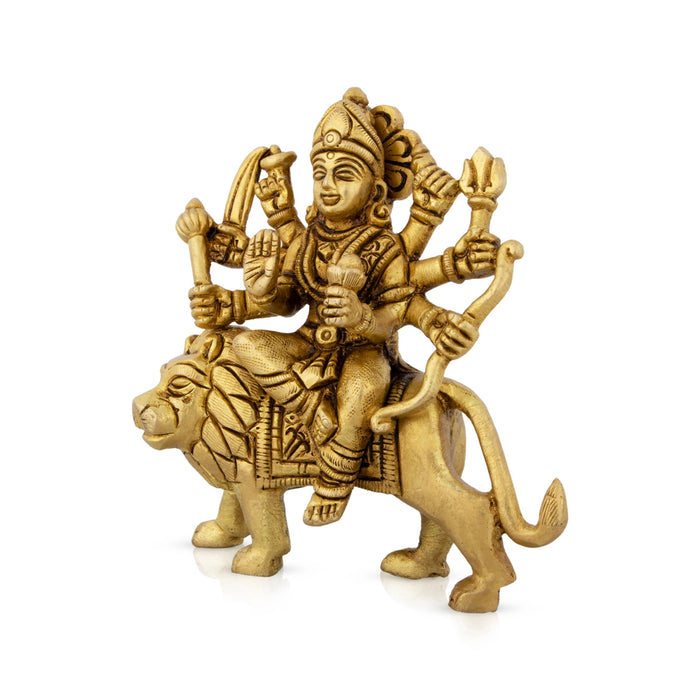 Durga Idol Sitting On Lion - 4.5 x 4 Inches | Antique Brass Idol/ Durga Murti With Eight Hands for Pooja - Brass Murties